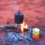 Billy on the boil and beans warming.