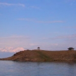 Island temple in the shadow of Tian Shan.