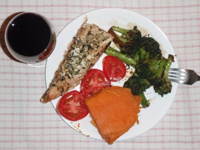 Thanksgiving Dinner 2: Salmon, yam and broccoli.