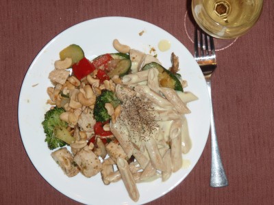 Leftover Chicken Breast, Mixed Vegetables, Pasta and Sauce