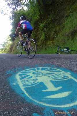 woman riding bike on a steep grade past an image painted on the pavement Road to Paradise near Chico, CA